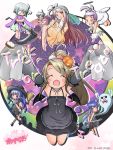  6+girls akino_coto blue_hair broom facing_viewer halloween hat highres jack-o&#039;-lantern long_hair looking_at_viewer multiple_girls open_mouth original red_eyes sleeves_past_wrists smile witch_hat 
