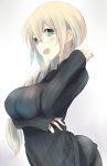  1girl alternate_costume alternate_hairstyle aqua_eyes atago_(kantai_collection) bespectacled blonde_hair braid breasts glasses kantai_collection long_hair looking_at_viewer nao_(qqqbb) open_mouth ribbed_sweater short_hair single_braid solo sweater 