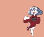  1girl :d barefoot blue_hair blush_stickers fang japanese_clothes kimono long_sleeves obi open_mouth pale_skin short_hair simple_background sleeves_past_wrists slit_pupils smile solo touhou ume_(noraneko) walking wide_sleeves yasaka_kanako young 