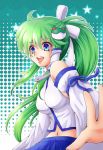  1girl alternate_hairstyle blue_eyes blush breasts detached_sleeves frog_hair_ornament green_hair hair_ornament hair_tubes kochiya_sanae long_hair mitsucho open_mouth polka_dot polka_dot_background ponytail skirt smile snake snake_hair_ornament solo touhou 