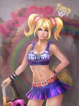  1girl belt blonde_hair blue_eyes breasts chainsaw cheerleader cleavage clothes_writing crop_top graffiti highres juliet_starling lips lollipop_chainsaw midriff miniskirt navel orry pleated_skirt pom_poms scrunchie short_twintails skirt twintails wall watch watch weapon wristband 