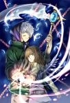  1boy 1girl anakris angry bandaid belt blue_eyes brown_hair chain dress_shirt feathers green_eyes hair_ornament hair_ribbon hood hoodie jumpsuit long_hair looking_at_viewer original ribbon scythe shirt short_hair weapon white_hair wings 