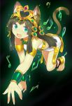  all_fours animal_ears anklet barefoot bastet_(p&amp;d) blush bracer brown_hair cat_ears cat_tail fang green_eyes headdress heart highres jewelry long_hair mukoujima_tenro musical_note open_mouth puzzle_&amp;_dragons skirt tail 
