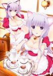  2girls absurdres animal_ears apron artist_request bangs bell_choker blunt_bangs breast_suppress breasts cat_ears cat_tail cleavage collarbone cryska_barchenowa cup foreshortening hair_ornament highres inia_sestina large_breasts lavender_hair long_hair maid_headdress midriff multiple_girls muvluv muvluv_alternative muvluv_total_eclipse navel outstretched_arms payot puffy_sleeves purple_hair ribbon scan smile tail tail_ribbon teacup teapot thigh-highs tray very_long_hair violet_eyes white_legwear wrist_cuffs 