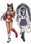  alternate_costume animal_ears black_hair blood boots brown_hair chinese dark_skin genderswap highres knife league_of_legends long_hair miniskirt nam_(valckiry) nasus nocturne personification red_eyes school_uniform shoes skirt smile thigh-highs translated victory_pose yellow_eyes 