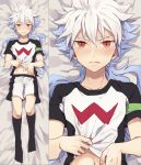  2boys armband blue_hair blush dakimakura hakuryuu_(inazuma_eleven) inazuma_eleven_(series) inazuma_eleven_go jaenbba long_hair looking_at_viewer male multicolored_hair multiple_boys navel no_shoes shirt_lift soccer_uniform two-tone_hair white_hair zero_(inazuma_eleven) 