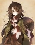  1girl brown_eyes brown_hair checkered fang futatsuiwa_mamizou futatsuiwa_mamizou_(human) hair_ornament hairclip haori hisona_(suaritesumi) japanese_clothes leaf long_hair raccoon_tail scarf smirk tail touhou 