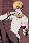  1boy blonde_hair bracelet cup fate/zero fate_(series) gilgamesh highres jewelry linjie necklace red_eyes snakeskin_print solo wine wine_glass 