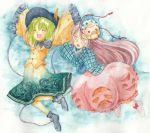  2girls :o ankle_boots arms_up blouse blue_background closed_eyes floral_print graphite_(medium) green_hair hands_in_sleeves hannya hat hat_ribbon hata_no_kokoro heart jumping komeiji_koishi long_hair mask multiple_girls open_mouth pink_eyes pink_hair ribbon short_hair skirt sleeve_tug third_eye touhou traditional_media very_long_hair watercolor_(medium) yadu_kazuya 