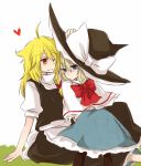  2girls alice_margatroid apron black_dress blue_dress blue_eyes bow capelet dress grin hair_bow hat headwear_switch heart kirisame_marisa multiple_girls sitting sitting_on_lap sitting_on_person smile touhou waist_apron witch_hat yellow_eyes yuuta_(monochrome) 