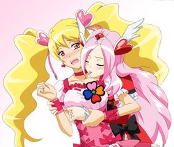  2girls blonde_hair blush closed_eyes cure_passion cure_peach fresh_precure! fuchi_(nightmare) heart higashi_setsuna hug hug_from_behind licking long_hair momozono_love multiple_girls pink_eyes pink_hair precure red_eyes simple_background tongue twintails wrist_grab yuri 