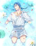  blue_hair chiton earrings fate/stay_night fate_(series) jewelry lancer lily_pad long_hair mitsuki_mitsuno partially_submerged petals ponytail red_eyes tunic 