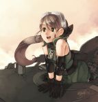  1girl bare_shoulders belt black_gloves brown_hair commentary dated elbow_pads fanny_pack gloves goggles goggles_on_head green_eyes junkpuyo long_hair military military_vehicle minidress original plume_(junkpuyo) ponytail sleeveless solo tank vehicle zipper 