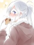  1girl blush eating food food_on_face hood_down long_hair looking_back melty_blood nagato123 ponytail riesbyfe_stridberg silver_hair solo taiyaki tsukihime violet_eyes wagashi winter_clothes 