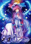  1girl crescent dress hat highres long_hair marker_(medium) mary_janes mosho patchouli_knowledge purple_hair shoes solo star touhou traditional_media very_long_hair violet_eyes watercolor_(medium) 