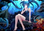  1girl barefoot blue_eyes blue_hair bubble dress fish floating_hair hand_on_own_chest hatsune_miku highres long_hair nail_polish rayxray shinkai_shoujo_(vocaloid) sitting solo twintails underwater very_long_hair vocaloid 