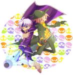  2boys angry armor blue_eyes boots cape closed_eyes gloves greaves grey_hair hair_over_one_eye hat headband lemres madou_monogatari male multiple_boys pants puyo_(puyopuyo) puyopuyo puyopuyo_fever schezo_wegey smile sword tctyraln wand weapon white_hair 