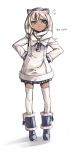  1girl animal_ears fake_animal_ears hands_on_hips nellen simple_background solo translation_request white_background white_legwear 