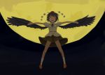  1girl black_hair black_wings full_moon kawashina_(momen_silicon) looking_at_viewer moon open_mouth outstretched_arms shameimaru_aya short_hair skirt solo touhou wings 