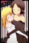  2girls bare_shoulders black_dress black_hair black_vs_white blonde_hair blush border christa_renz closed_eyes doily dress formal freckles highres holding hug multiple_girls parted_lips shingeki_no_kyojin short_hair sleeveless sleeveless_dress smile tottsuan ymir_(shingeki_no_kyojin) 