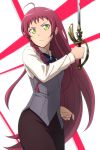  1girl ahoge braid hataraku_maou-sama! highres long_hair ribbon simple_background solo sword weapon yusa_emi 