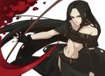  1boy bare_shoulders belt black_hair darkeagle_an fingerless_gloves gloves guilty_gear highres long_hair male midriff nail_polish navel red_eyes scythe solo testament very_long_hair weapon 