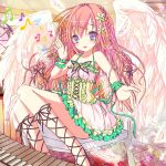  1girl blush chair cross-laced_footwear dress feathers flower hair_flower hair_ornament instrument keyboard_(instrument) long_hair musical_note pink_hair shiwasu_horio solo violet_eyes wings 