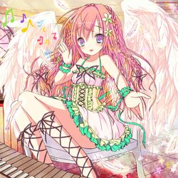  1girl blush chair cross-laced_footwear dress feathers flower hair_flower hair_ornament instrument keyboard_(instrument) long_hair musical_note pink_hair shiwasu_horio solo violet_eyes wings 