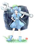  1girl absurdres backpack bag blue_eyes blue_hair grass hair_bobbles hair_ornament hand_on_hip hat highres kawashiro_nitori key looking_at_viewer mushroom nano_(mianhua_maoqiu) open_mouth oversized_object puffy_short_sleeves puffy_sleeves rubber_boots short_hair short_sleeves simple_background skirt skirt_set solo touhou twintails white_background wrench 