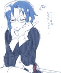  1girl black_keys blue_hair chin_rest ciel closed_eyes glasses melty_blood nagato123 rough round_glasses short_hair solo squiggle translation_request tsukihime weapon 