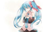  1girl aqua_hair bow closed_eyes detached_sleeves hair_bow hands_on_own_chest hatsune_miku headset kachan_erka long_hair necktie skirt smile solo twintails vocaloid white_background 