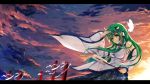  1girl baisi_shaonian butterfly cloudy_sky detached_sleeves frog_hair_ornament gohei green_eyes green_hair hair_ornament kochiya_sanae letterboxed long_hair long_sleeves looking_at_viewer pillar shirt skirt snake_hair_ornament solo sunset touhou very_long_hair wide_sleeves wind 