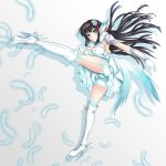  1girl aqua_eyes black_hair boots breasts dress eyeshadow feathers frills frown gloves hair_ornament highres kicking long_hair makeup melanie_(rwby) miyabi_urumi rwby solo standing_on_one_leg white_background 