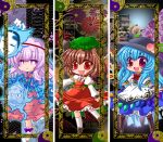  3girls animal_ears ankle_boots armband aura blouse blue_hair boots border bow brown_hair cat_ears cat_tail character_name chen chibi chino_(ch_no) chrysanthemum cross-laced_footwear expressionless fang floral_background flower food frame fruit hannya hat hata_no_kokoro hinanawi_tenshi jewelry juliet_sleeves knee_boots kneehighs layered_dress leaf long_hair long_sleeves looking_at_viewer mob_cap multiple_girls multiple_tails noh_mask open_mouth peach pink_eyes pink_hair puffy_sleeves red_eyes short_hair single_earring skirt skirt_set split_screen tail touhou wrist_cuffs yin_yang 