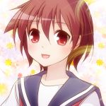  1girl blush brown_hair bust miyanaga_saki open_mouth red_eyes saki school_uniform serafuku short_hair solo yurika1024 