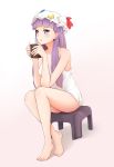  1girl alternate_costume bare_shoulders barefoot blush breasts chair cleavage crescent cup hat highres long_hair mug naoki_noritaka parted_lips patchouli_knowledge purple_hair sitting solo touhou violet_eyes 