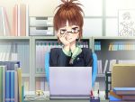  1girl akizuki_ritsuko amami_haruka book bookshelf brown_eyes computer formal glasses idolmaster laptop long_sleeves nanaran orange_hair pen ruler short_hair solo suit window 