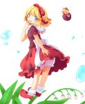  1girl blonde_hair bloomers blouse blue_eyes bobby_socks bow dress floating flower hair_ribbon hand_on_own_face head_tilt leaf lily_of_the_valley looking_at_viewer looking_over_shoulder medicine_melancholy mito_tsubaki open_mouth puffy_short_sleeves puffy_sleeves ribbon short_hair short_sleeves simple_background skirt socks solo su-san touhou underwear water_droplets white_background wings 