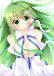  1girl alza bare_shoulders blush breasts cleavage detached_sleeves frog_hair_ornament green_eyes green_hair hair_ornament hair_tubes halftone halftone_background kochiya_sanae large_breasts long_hair looking_at_viewer smile snake_hair_ornament solo touhou 