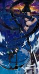  2girls battle bikini_top black_hair black_rock_shooter black_rock_shooter_(character) boots chain city dead_master green_eyes highres horns jacket justminor katana long_hair midair midriff multiple_girls scythe shorts sunset sword twintails very_long_hair weapon wings 