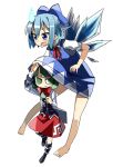  2girls :&lt; al_bhed_eyes barefoot blue_hair blush bow cirno dress front_ponytail green_eyes green_hair hair_bow ice ice_wings kannazuki_hato multiple_girls open_mouth short_hair simple_background size_difference skirt skirt_lift sweatdrop syringe touhou wings 