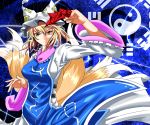  1girl blonde_hair breasts dress fox_tail hat multiple_tails ofuda rakku_(10219563) short_hair solo tabard tail touhou yakumo_ran yellow_eyes yin_yang 