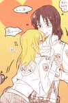  2girls blonde_hair blush brown_hair christa_renz crying freckles holding_hands interlocked_fingers jacket multiple_girls nagato123 partially_colored shingeki_no_kyojin speech_bubble tears thought_bubble three-dimensional_maneuver_gear translation_request ymir_(shingeki_no_kyojin) yuri 