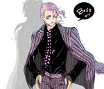  1boy bangs drawr formal jacket_on_shoulders jojo_no_kimyou_na_bouken midorim pink_hair purple_hair solo suit vertical_stripes vinegar_doppio wink 