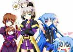  &gt;_&lt; 6+girls ak@tsuki armor armpits belt blue_eyes blue_hair blush_stickers brown_hair buckle candy cape chibi crossed_arms crown dress dual_persona fang fingerless_gloves gloves green_eyes grey_hair heart highres lollipop long_hair long_sleeves lyrical_nanoha mahou_shoujo_lyrical_nanoha_innocent material-d material-l material-s multicolored_hair multiple_girls o_o open_mouth puffy_sleeves short_hair skirt smile teeth twintails violet_eyes wink 
