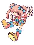  1girl ;d arm_warmers boots bow cropped_jacket double_bun hair_bow long_hair open_mouth original parody pink_eyes pink_hair puyo_(puyopuyo) puyopuyo puyopuyo_fever ribbon skirt smile solo style_parody twintails ururu1998 v white_background wink 