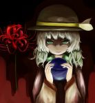  1girl blouse bust creepy faux_traditional_media flower gradient gradient_background green_eyes gyuunyuu_(cat-on-moon) hat hat_ribbon highres komeiji_koishi looking_at_viewer ribbon short_hair smile solo spider_lily third_eye touhou white_hair 