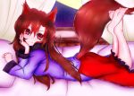  1girl animal_ears barefoot bed brown_hair damir_doma dress fang fingernails hand_on_own_cheek imaizumi_kagerou long_hair long_sleeves lying moon red_eyes sky solo star_(sky) starry_sky tail touhou window wolf_ears wolf_tail 