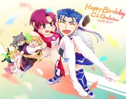  bazett_fraga_mcremitz birthday blue_hair blush boots carnival_phantasm carrying dated earrings fang fate/hollow_ataraxia fate/stay_night fate_(series) happy_birthday jewelry lancer long_hair midriff mspn nekoarc nekoarc_bubbles nekoarc_chaos nekoarc_destiny nekoarc_evolution ponytail princess_carry purple_hair short_hair thigh-highs thigh_boots violet_eyes 