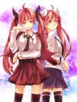  2girls ahoge belt black_legwear blush candy date_a_live dual_persona highres itsuka_kotori jacket jacket_on_shoulders lollipop long_hair long_sleeves looking_at_viewer multiple_girls necktie open_mouth red_eyes redhead school_uniform skirt smile thighhighs twintails very_long_hair 